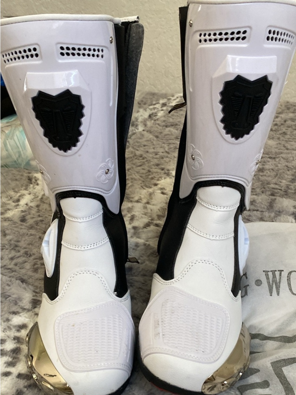 Men's White and Black Motorcycle Boots with Metallic Toe Caps
